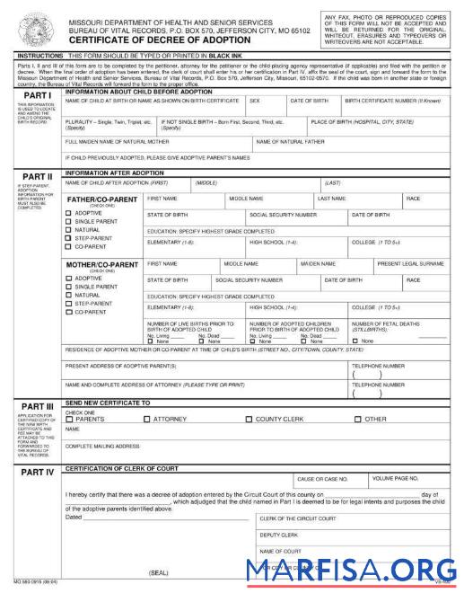 Downloadable USA Missouri Department of health adoption certificate template